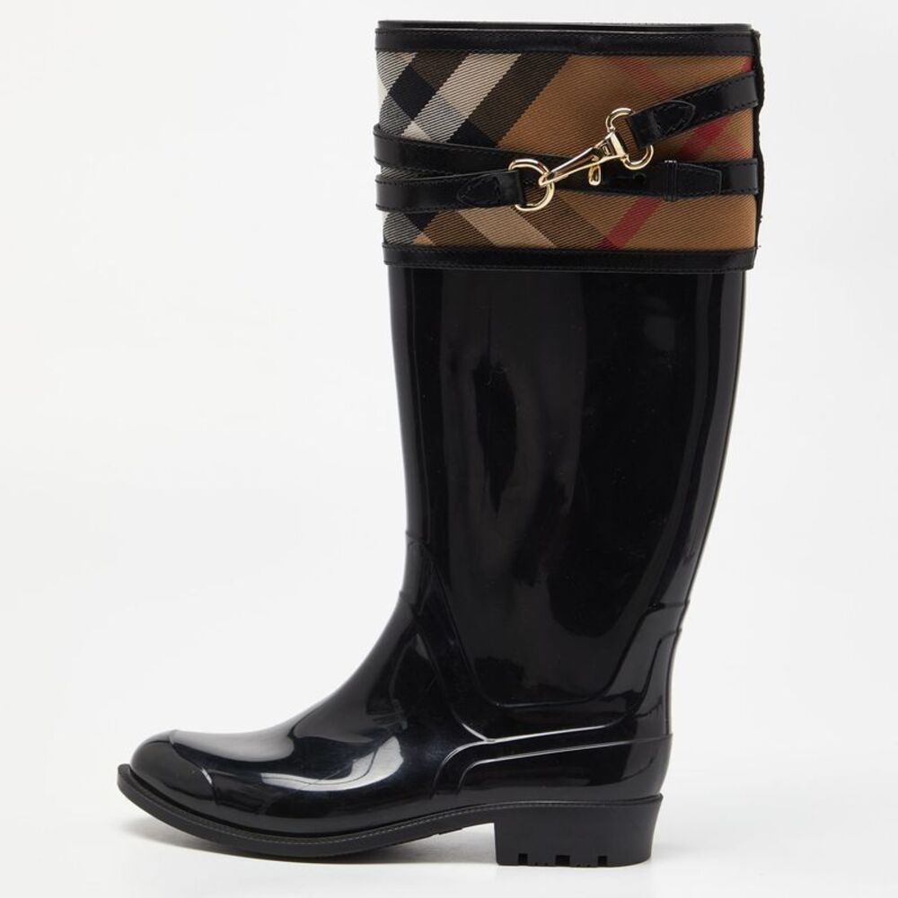 Burberry Black/Beige Patent Leather and House Check Canvas Knee Length Boots - Picture 1 of 4